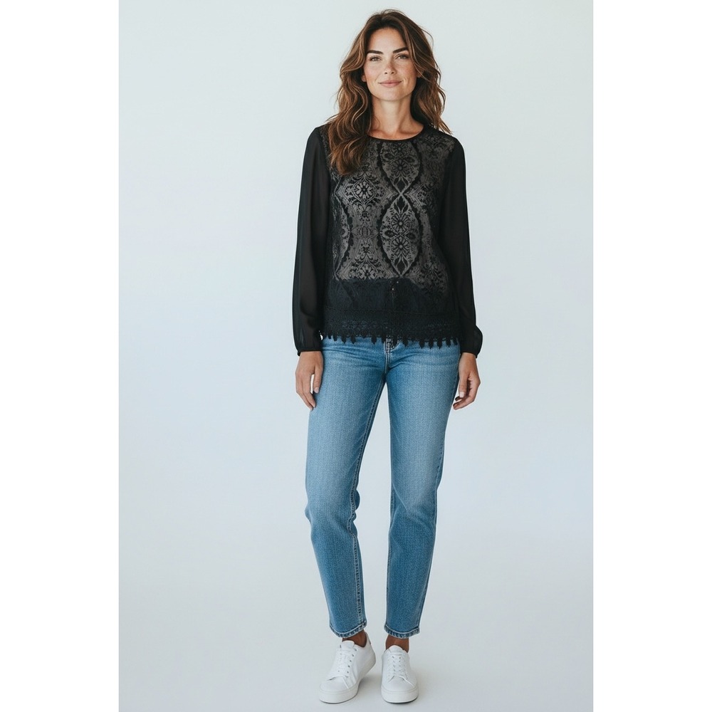Jolt Black Damask Burnout Velvet Crochet Lace Trim Blouse XS Long Sleeve